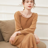 Women Cashmere Knit A - Line Dress Lantern Sleeve Square Neck Midi Dress