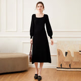 Women Cashmere Knit A - Line Dress Lantern Sleeve Square Neck Midi Dress