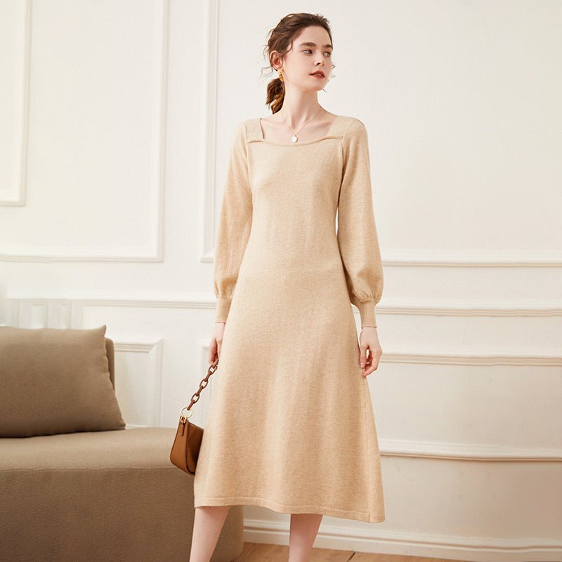 Women Cashmere Knit A - Line Dress Lantern Sleeve Square Neck Midi Dress