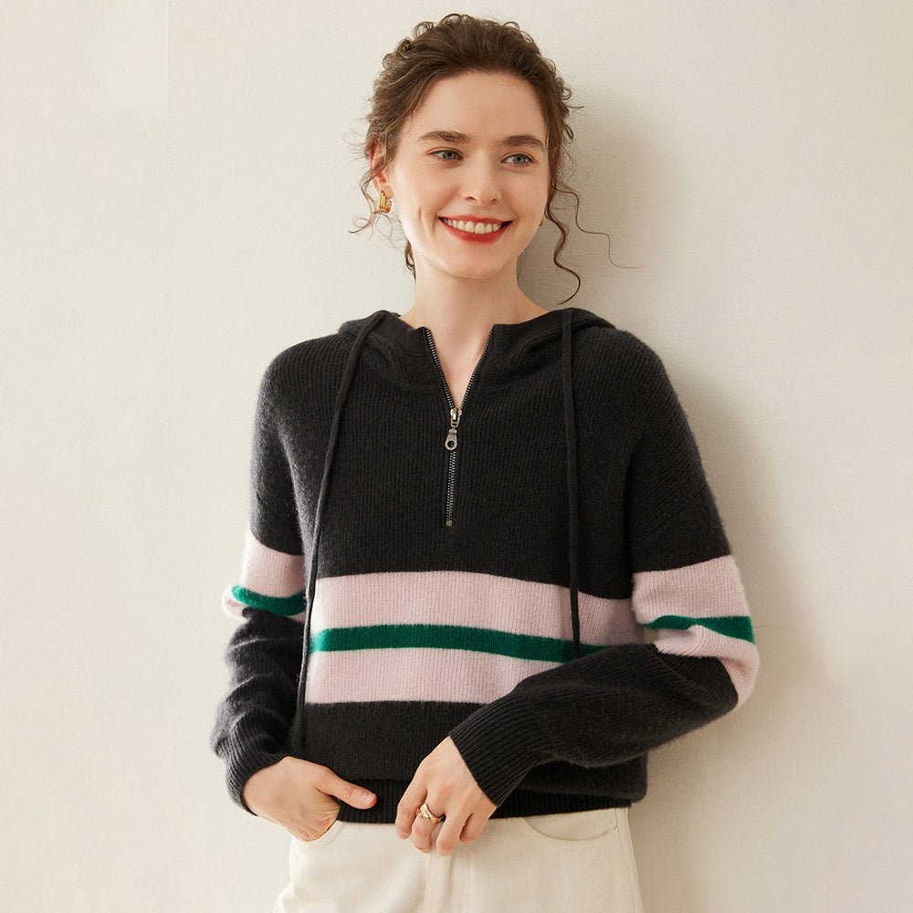 Womens Striped Cashmere Hoodie Half-Zip Cashmere Sweater Gray XS