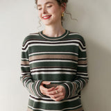 Womens Striped Cashmere Sweater Crew Neck Cashmere Pullover Green XS