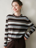 Womens Striped Cashmere Sweater Crew Neck Cashmere Pullover Coffee XS