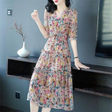 Women's Elegant Silk Dresses V Necked Floral Printed Silk Dress - slipintosoft