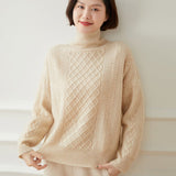 Womens Diamond Cable Knit Turtleneck Cashmere Sweater Cashmere Tops