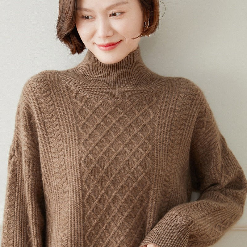 Womens Diamond Cable Knit Turtleneck Cashmere Sweater Cashmere Tops