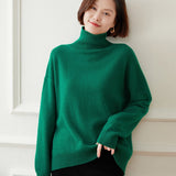 Women's Solid Turtleneck Long Sleeve Cashmere Sweater with Ribbed Trim