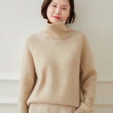 Women's Turtleneck Cashmere Sweater Ribbed Pullover Warm Cashmere Tops - slipintosoft