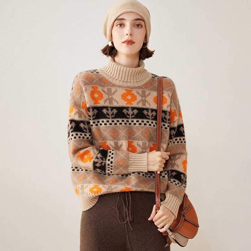 Womens Cashmere Fair Isle Knit Sweater Long Sleeve Turtleneck Pullover