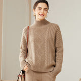 Womens Cable Knit Turtleneck Long Sleeve Cashmere Sweater Pullover