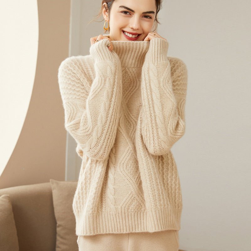 Womens Cable Knit Turtleneck Long Sleeve Cashmere Sweater Pullover