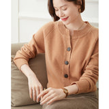 Ladies Crew Neck Cashmere Cardigan Ribbed Trim Button - up Cashmere Coat