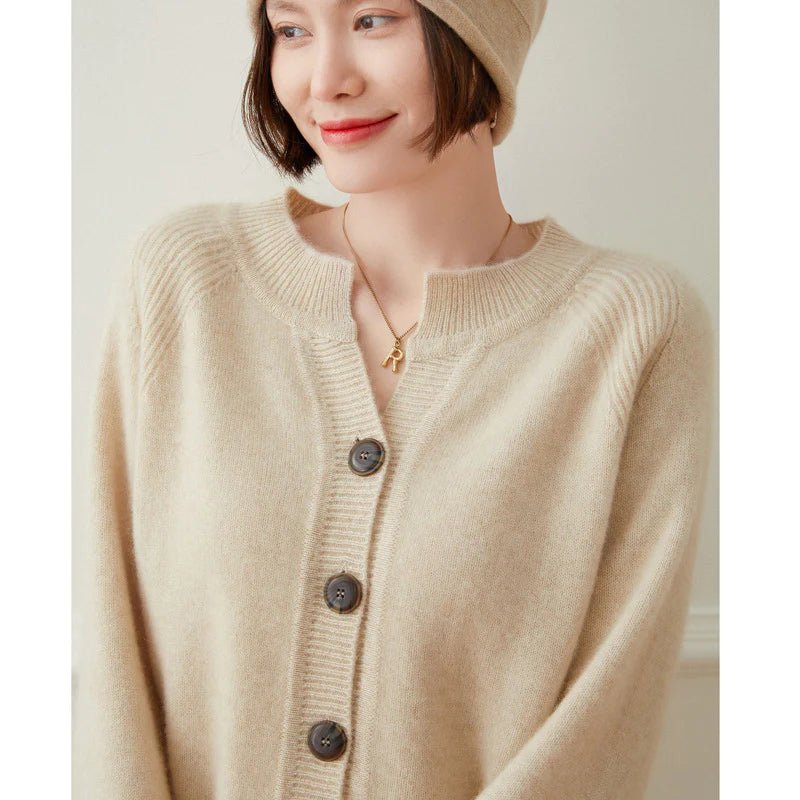 Ladies Crew Neck Cashmere Cardigan Ribbed Trim Button - up Cashmere Coat