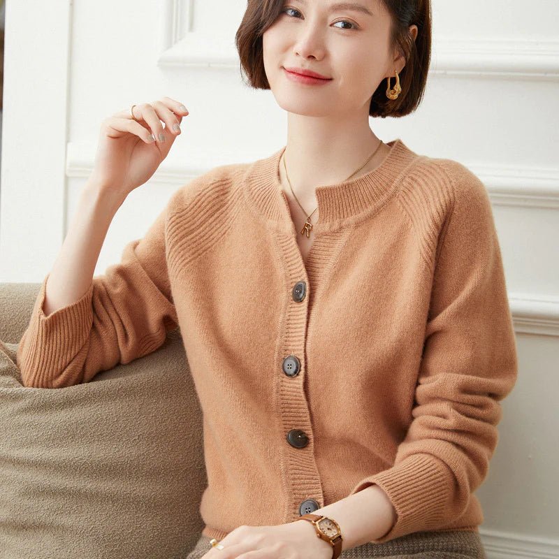 Ladies Crew Neck Cashmere Cardigan Ribbed Trim Button - up Cashmere Coat