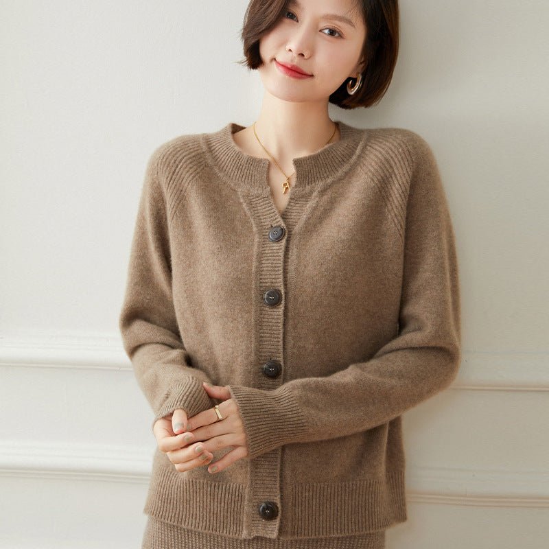 Ladies Crew Neck Cashmere Cardigan Ribbed Trim Button - up Cashmere Coat