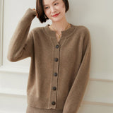 Ladies Crew Neck Cashmere Cardigan Ribbed Trim Button - up Cashmere Coat