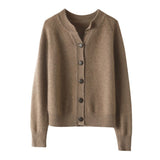 Ladies Crew Neck Cashmere Cardigan Ribbed Trim Button - up Cashmere Coat