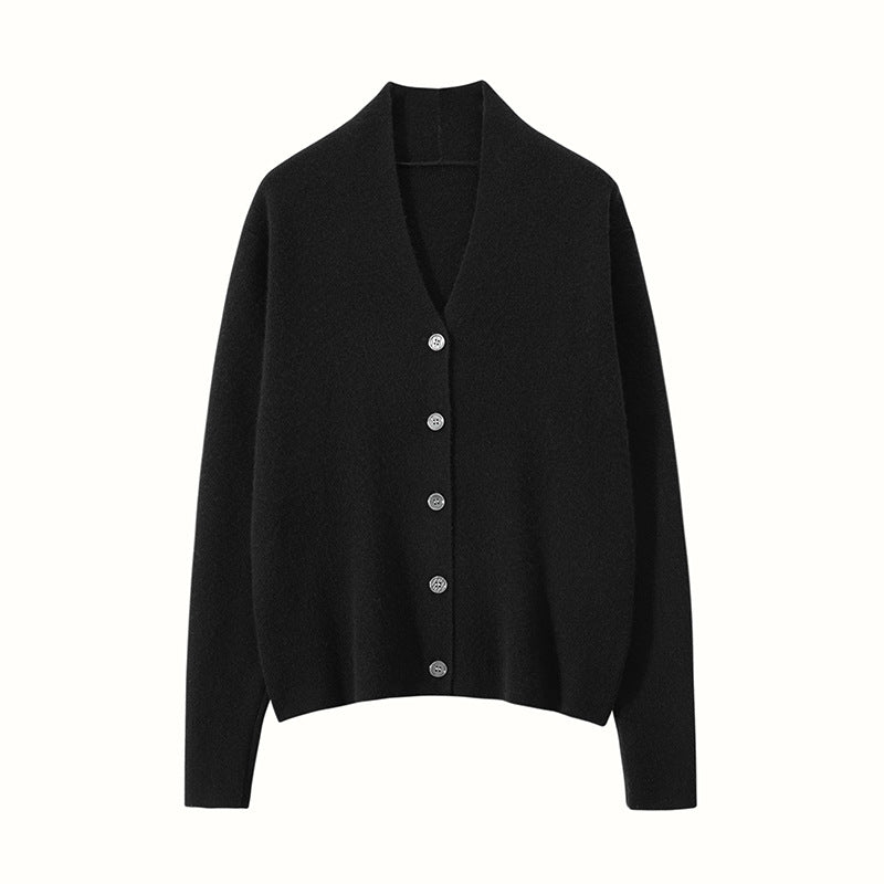 Womens Minimalist V - Neck Cashmere Cardigan with Button - Up Front Cashmere Coat