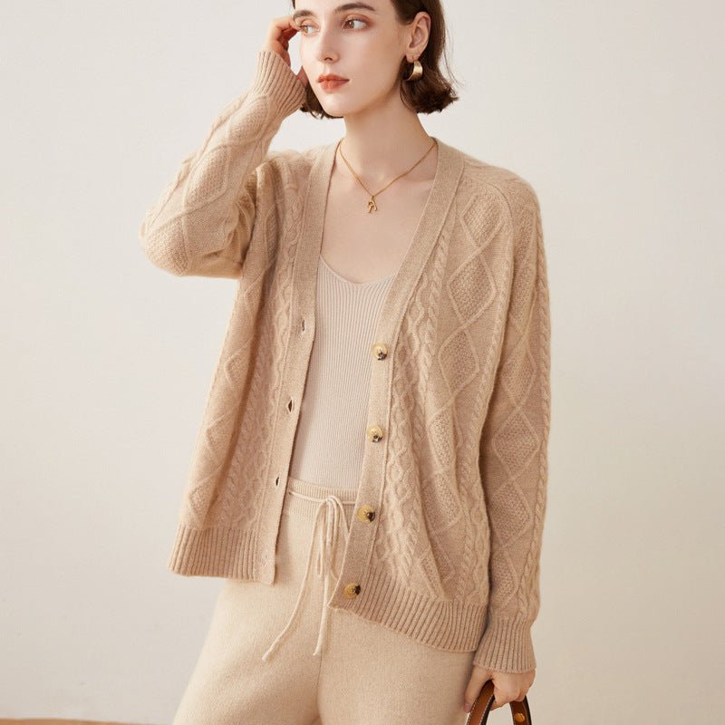 Womens Cable Knit V - Neck Cashmere Cardigan Button - up Sweater Coat