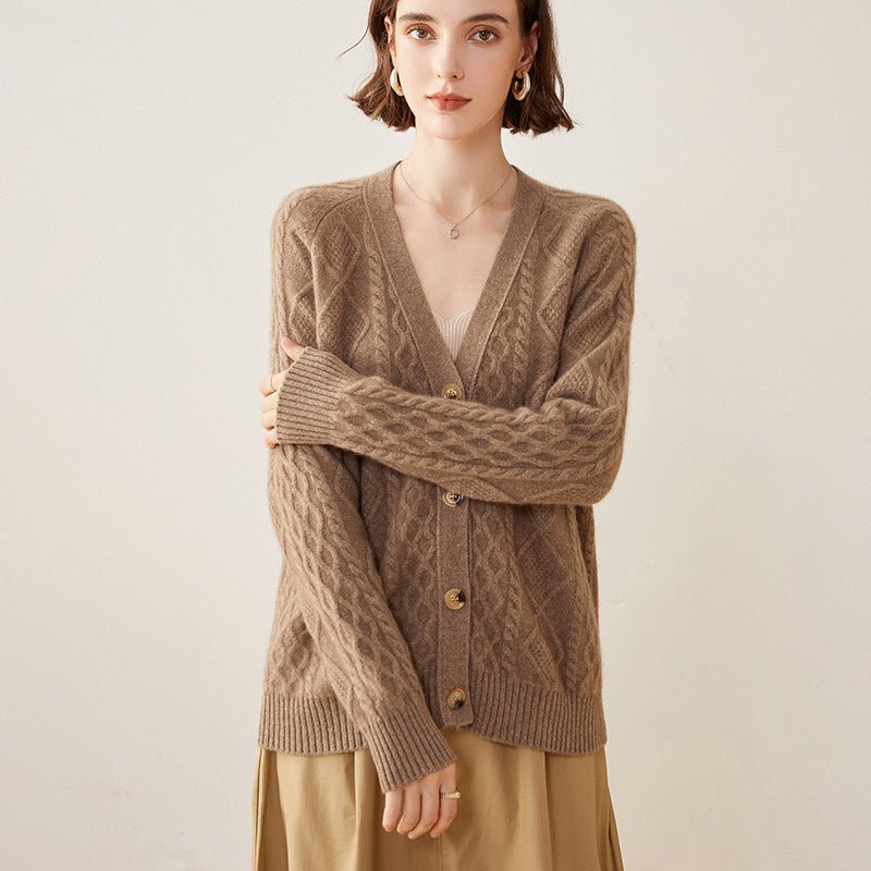 Womens Cable Knit V - Neck Cashmere Cardigan Button - up Sweater Coat