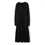 Womens Cashmere Ribbed Knit A - Line Dress Long Sleeve V Neck Midi Dress