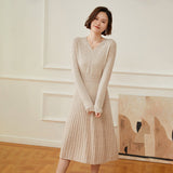 Womens Cashmere Ribbed Knit A - Line Dress Long Sleeve V Neck Midi Dress