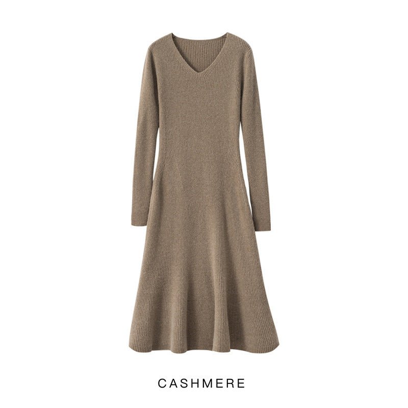 Womens Cashmere Ribbed Knit Midi Dress V Neck Flared Hem Mermaid Dress