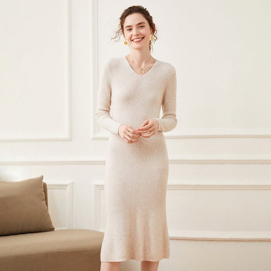 Women's V Neck Cashmere Dresses Rib-Knitted Cashmere Mermaid Dress - slipintosoft