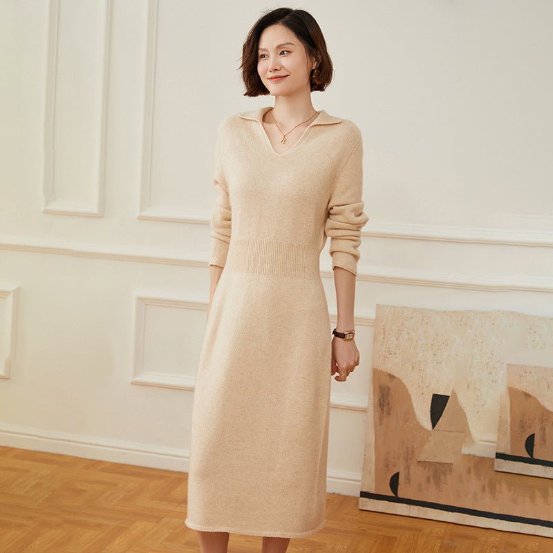 Womens Cashmere Knit Midi Dress Long Sleeve Polo Collar V Neck Dress