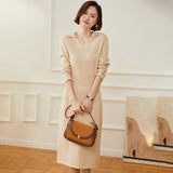 Womens Cashmere Knit Midi Dress Long Sleeve Polo Collar V Neck Dress