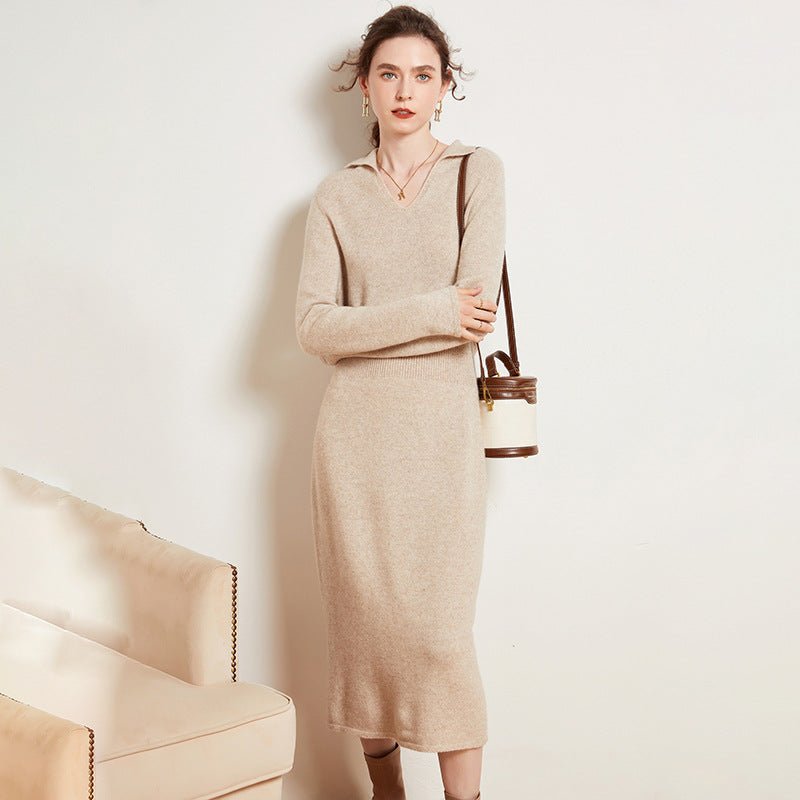 Womens Cashmere Knit Midi Dress Long Sleeve Polo Collar V Neck Dress