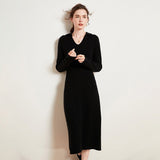 Womens Cashmere Knit Midi Dress Long Sleeve Polo Collar V Neck Dress