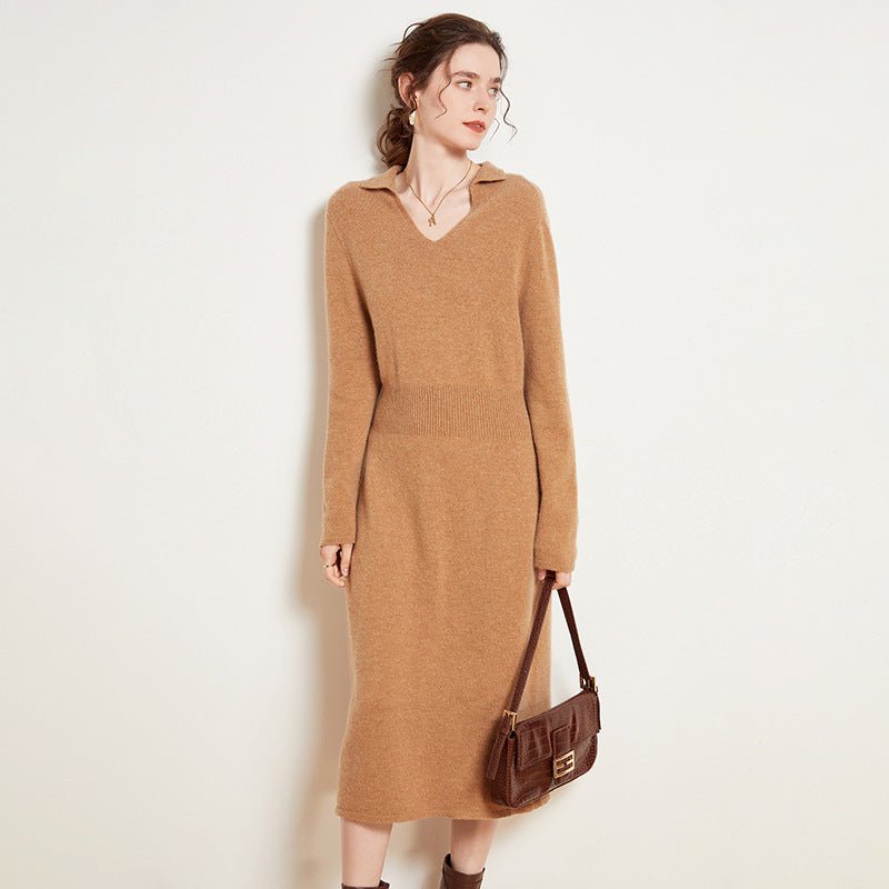 Womens Cashmere Knit Midi Dress Long Sleeve Polo Collar V Neck Dress