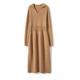 Womens Cashmere Knit Midi Dress Long Sleeve Polo Collar V Neck Dress