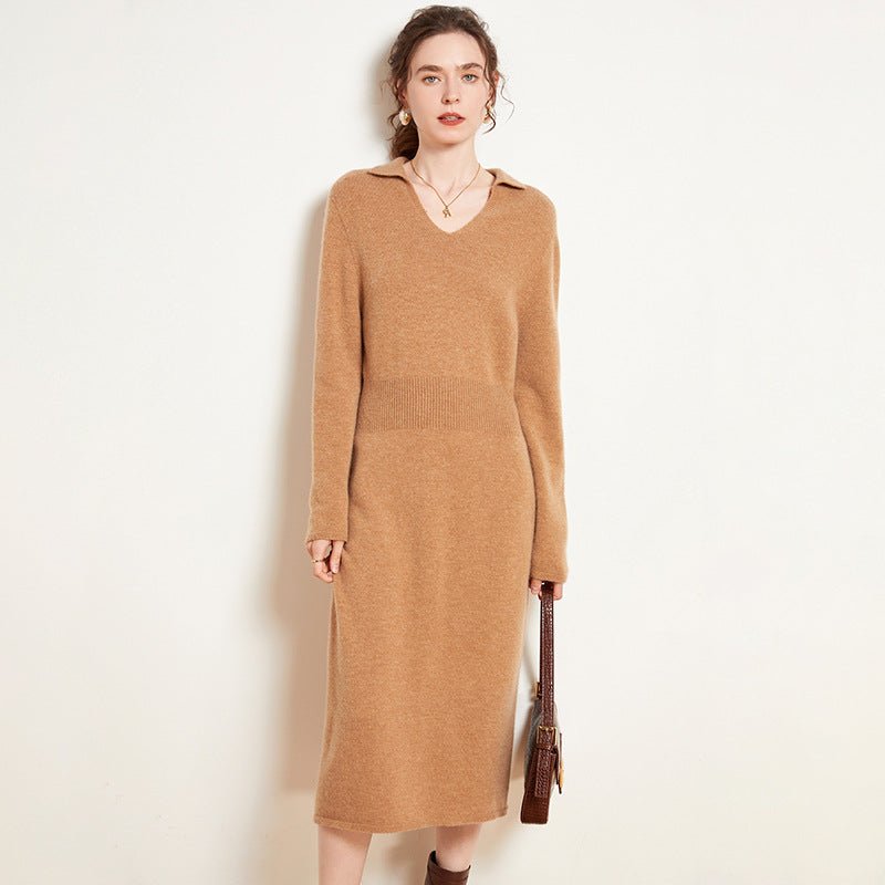 Womens Cashmere Knit Midi Dress Long Sleeve Polo Collar V Neck Dress