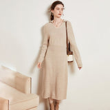 Womens Cashmere Knit Midi Dress Long Sleeve Polo Collar V Neck Dress