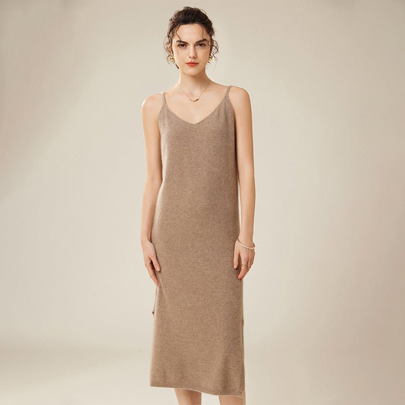 Womens Pure Cashmere Slip Dress Sleeveless V Neck Cashmere Dresses