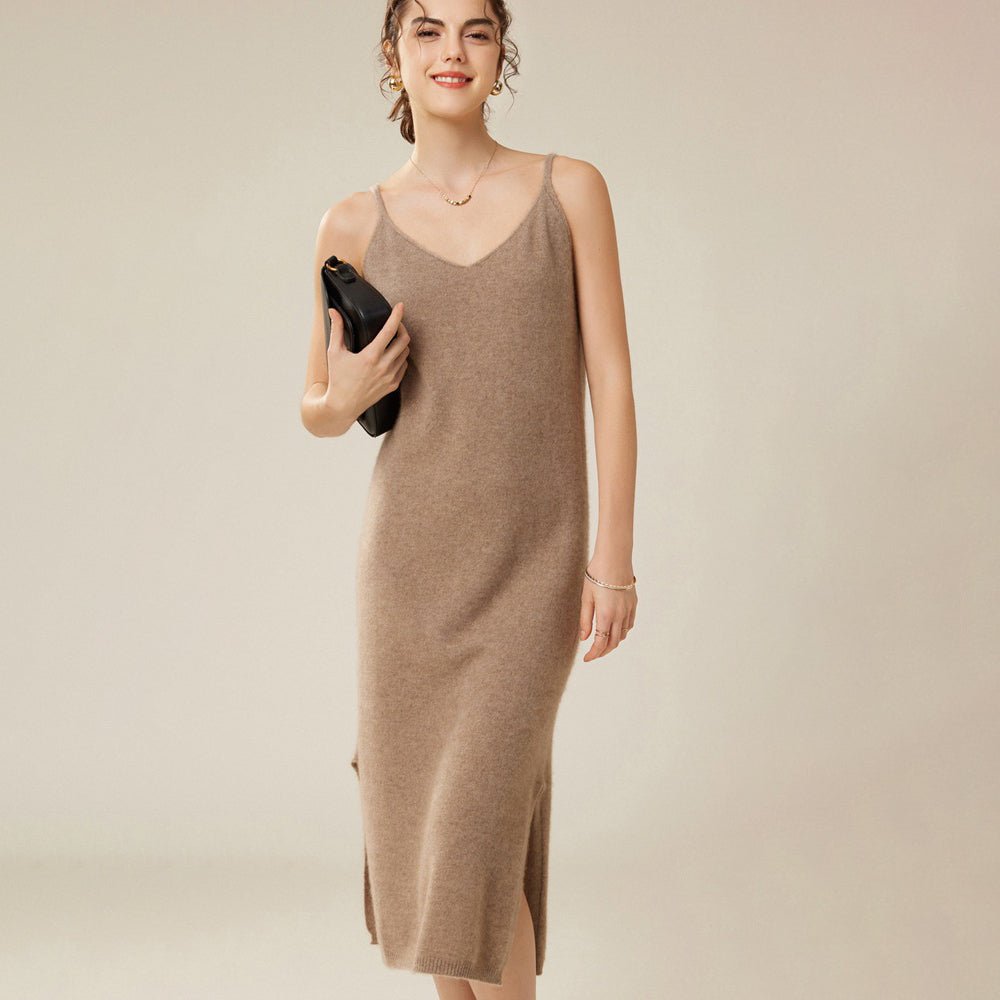 Womens Pure Cashmere Slip Dress Sleeveless V Neck Cashmere Dresses