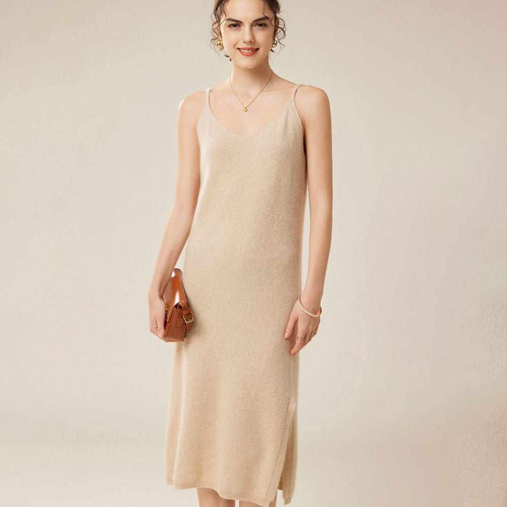 Women's V Neck Cashmere Slip Dresses Solid Cashmere Dress with Split Tea Length - slipintosoft