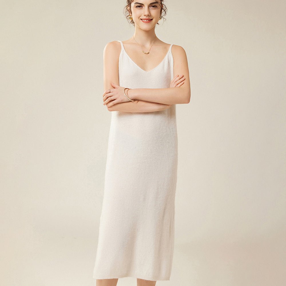 Women's V Neck Cashmere Slip Dresses Solid Cashmere Dress with Split Tea Length - slipintosoft