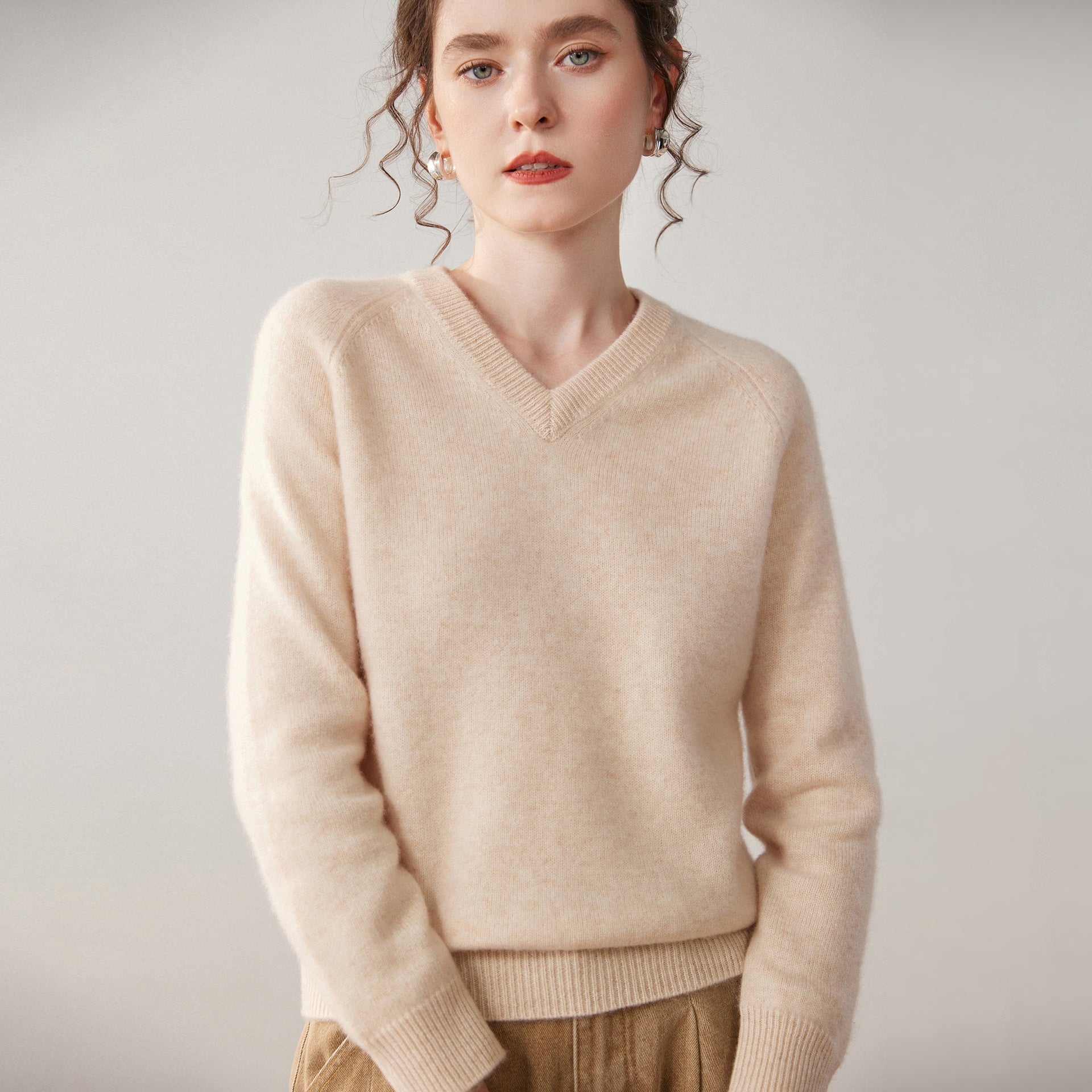 Womens V Neck Cashmere Sweater Long Sleeve Cashmere Knit Pullover Beige XS