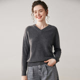 Womens V Neck Cashmere Sweater Long Sleeve Cashmere Knit Pullover Dark Gray XS