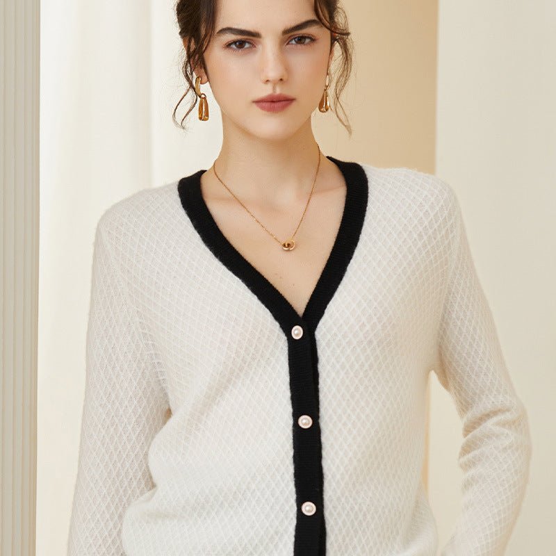 Womens Contrast Trim Knit Cashmere Cardigan V Neck Button - up Coat