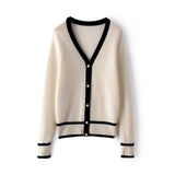 Womens Contrast Trim Knit Cashmere Cardigan V Neck Button - up Coat