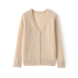 Womens Ribbed V - Neck Cashmere Cardigan Long Sleeves Cashmere Coat