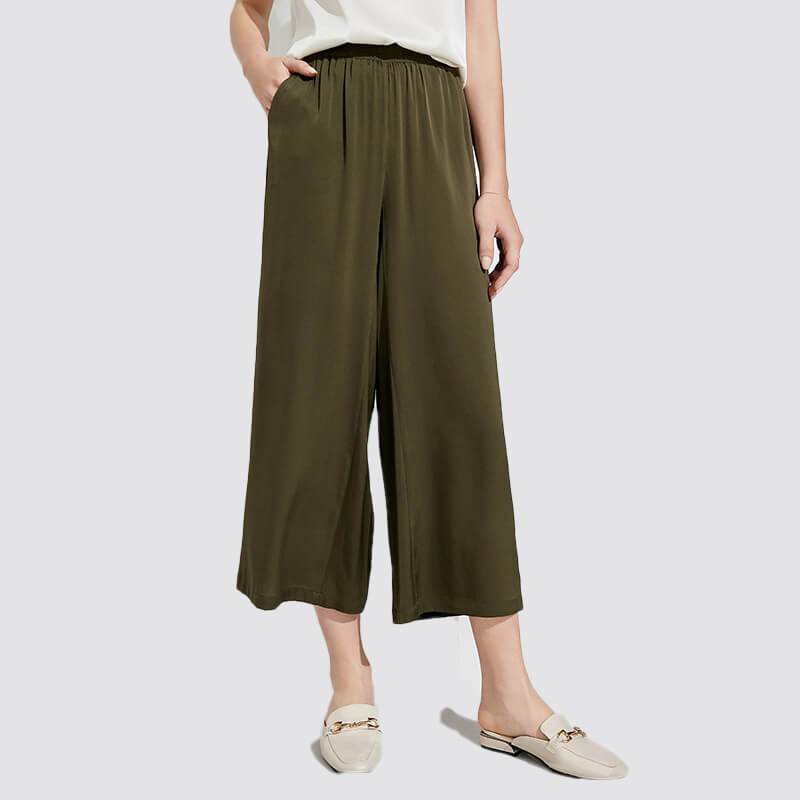 Women Mulberry Silk cropped pants Long Wide-leg Silk trousers - slipintosoft