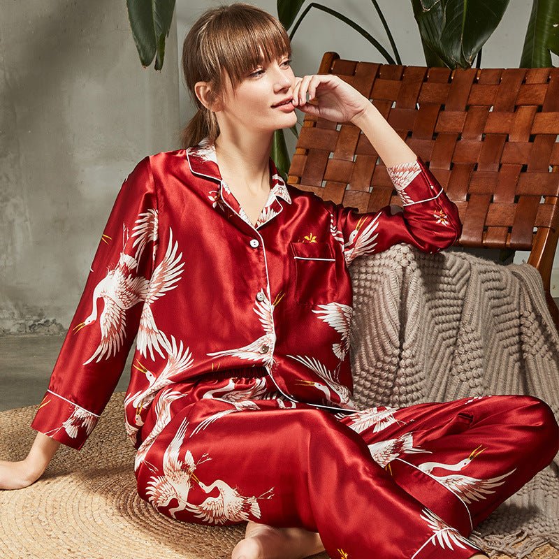 19 Momme Luxury Printed Silk Pajamas Set For Couple Long Sleeves Sleepwear Silk Matching  Pajamas
