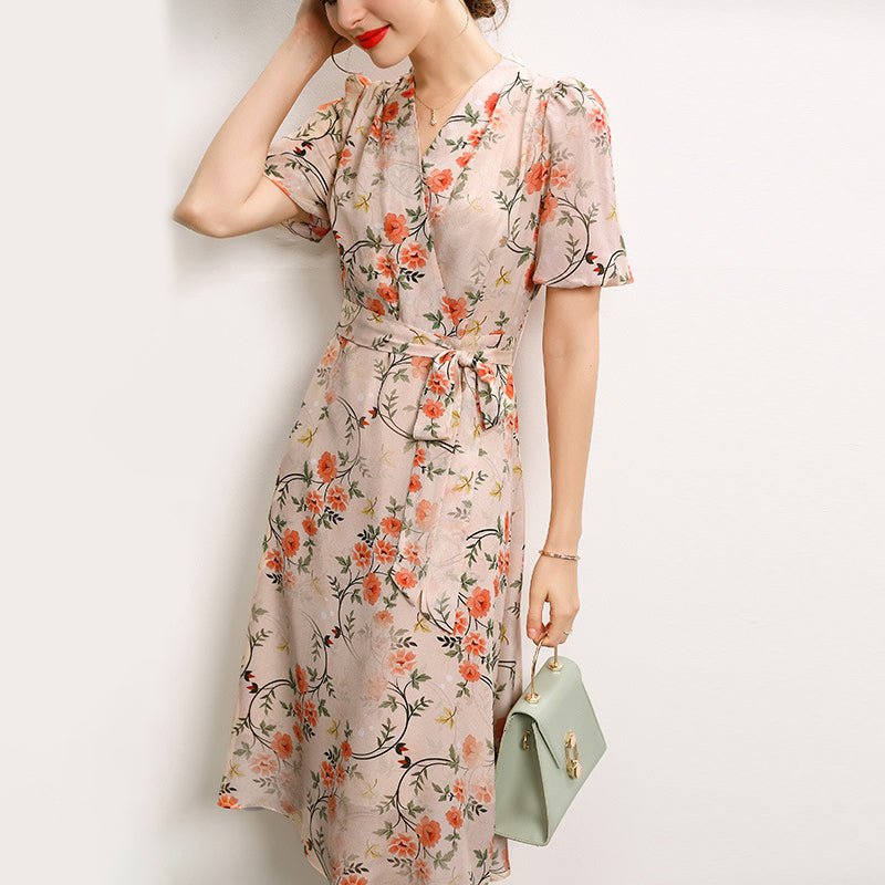 Glossy Silk Retro Floral Dress 100% Pure Silk Dress Short-Sleeves Dress Midi Silk Dress