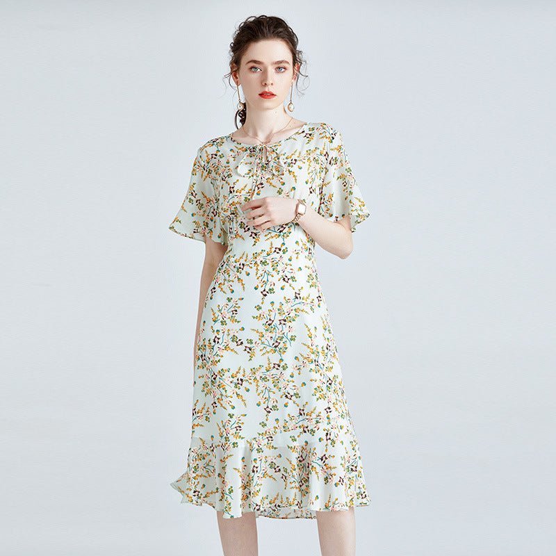 Elegant Ladies 100% Pure Silk Floral Dress Mulberry Silk Short Sleeves Dresses