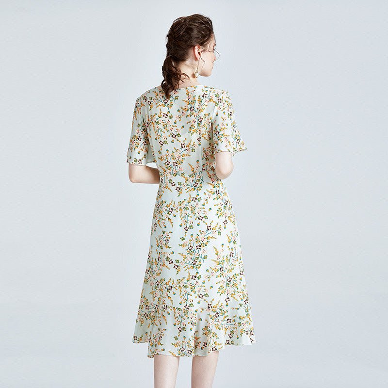 Elegant Ladies 100% Pure Silk Floral Dress Mulberry Silk Short Sleeves Dresses