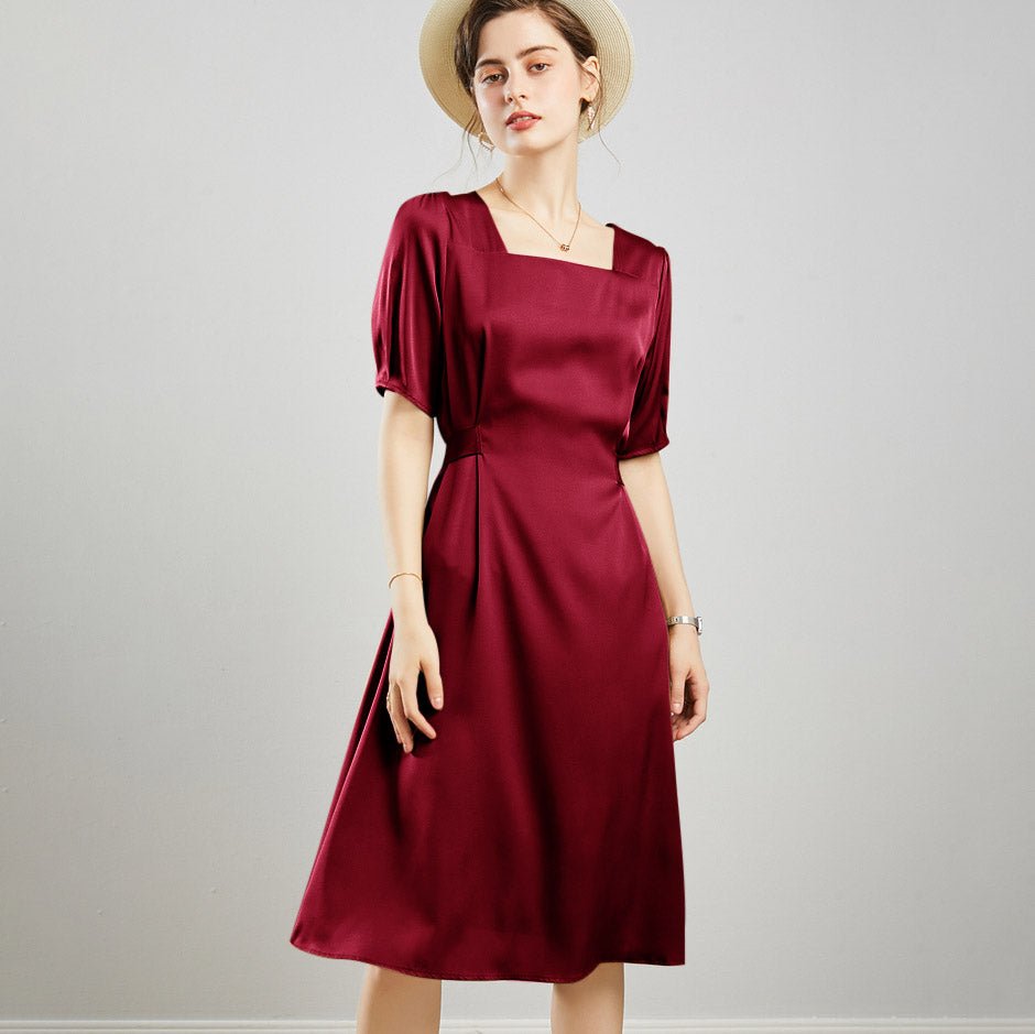 Collar Off-Shoulder Casual Short-Sleeve Silk Dress for Women - Red